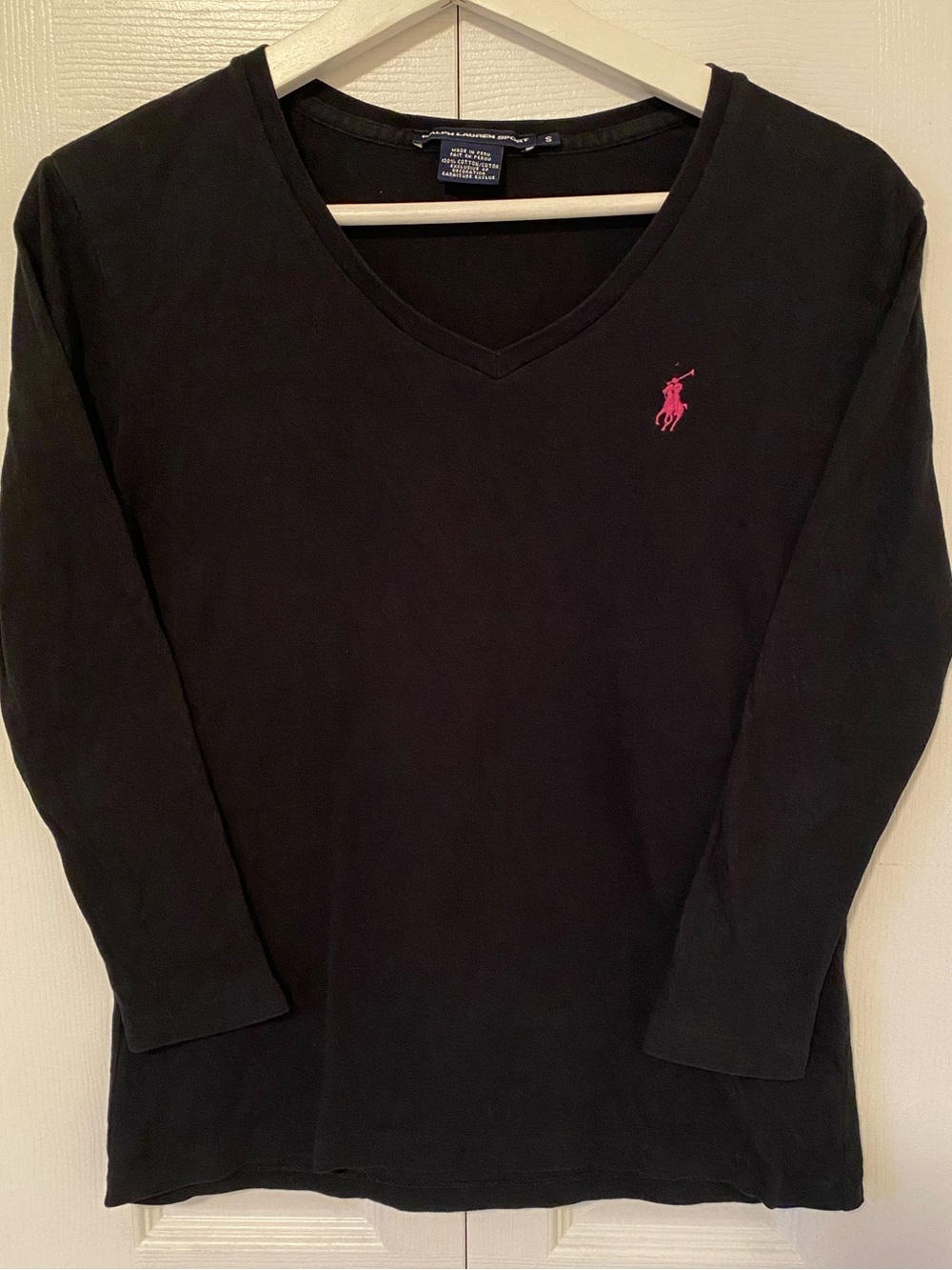 Ralph Lauren Black V-Neck Long Sleeve Tee with Pink Polo Pony Size Small